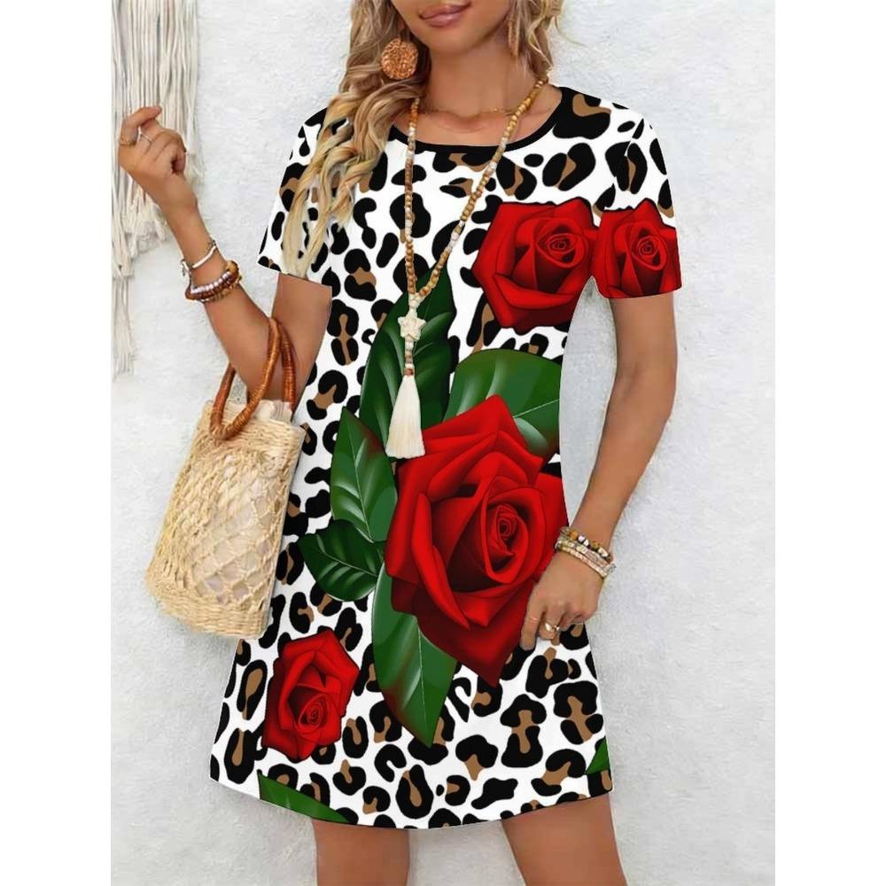 Ladies' Summer Short Sleeve Round Neck Casual Dress 3D Red Rose Pattern Print Comfortable Elegant Women's Clothing