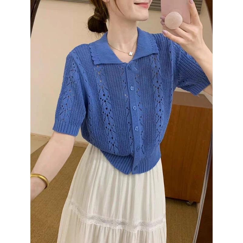 Summer Ice Silk Hollow Blue Lapel Short-sleeved Knitted Sweater Women's New Commuter Versatile Chic Polo Top