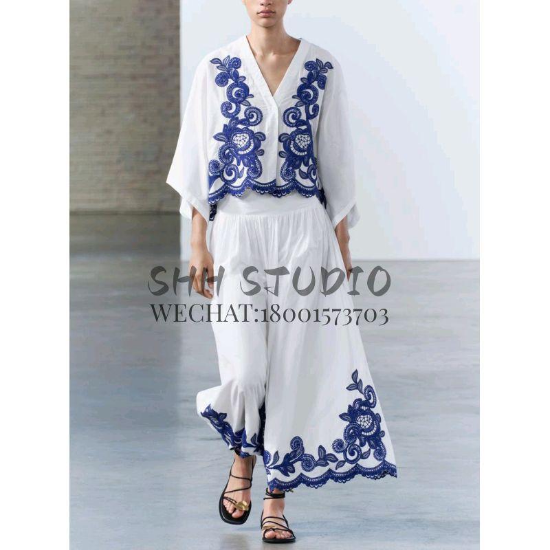 Spring New V Neck Long Sleeves Contrast Color Embroider Shirt 5107240 Elastic Waist Mid Waist Skirt 5107245