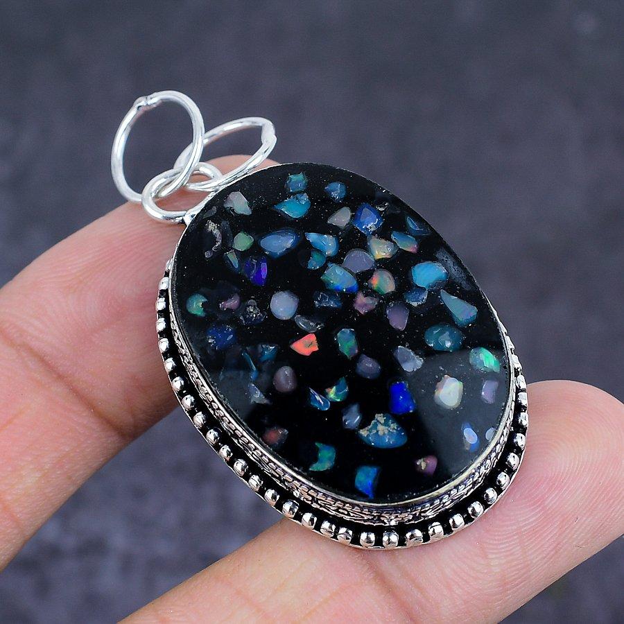 Natural Ethiopian Opal Gemstone 925 Sterling Silver Jewelry Pendant 2.17" Y7i40