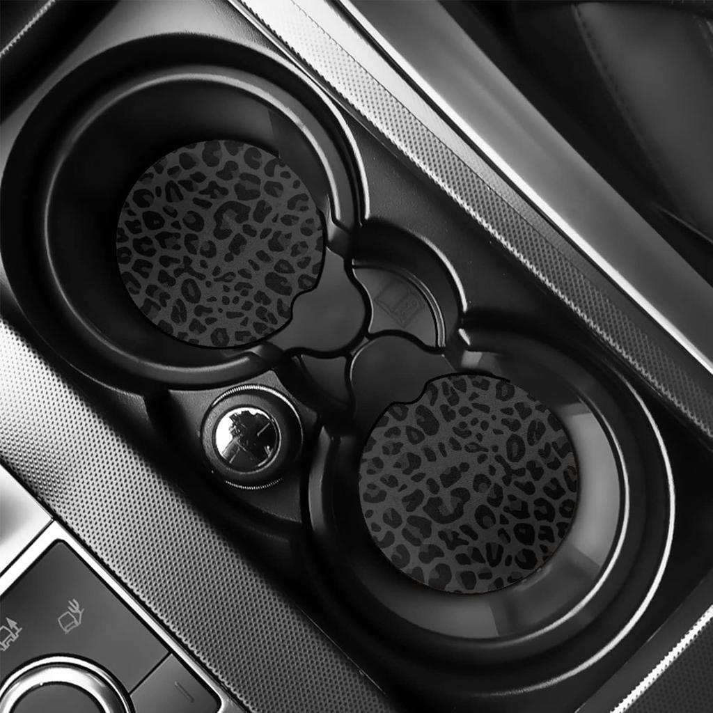 Leopard Spots Auto ert Coaster, Vivid Cheetah Skin 2.8 Inch Auto Car Cup Holder Coasters Rubber Anti-Slip Drink Car Cup Mat, Black Gray Cute Car