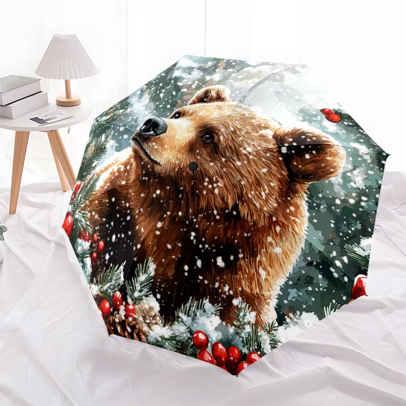 1 PC Automatic Folding Umbrella - Winter Bear Pattern, Portable & Foldable Design with 8 Ribs, Christmas Birthday Gifts