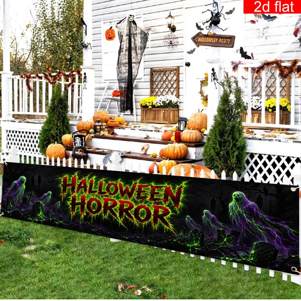 Halloween Yard Sign Party Banner, Spooky Cemetery Pattern, Polyester Outdoor Garden Courtyard Fence Decoration