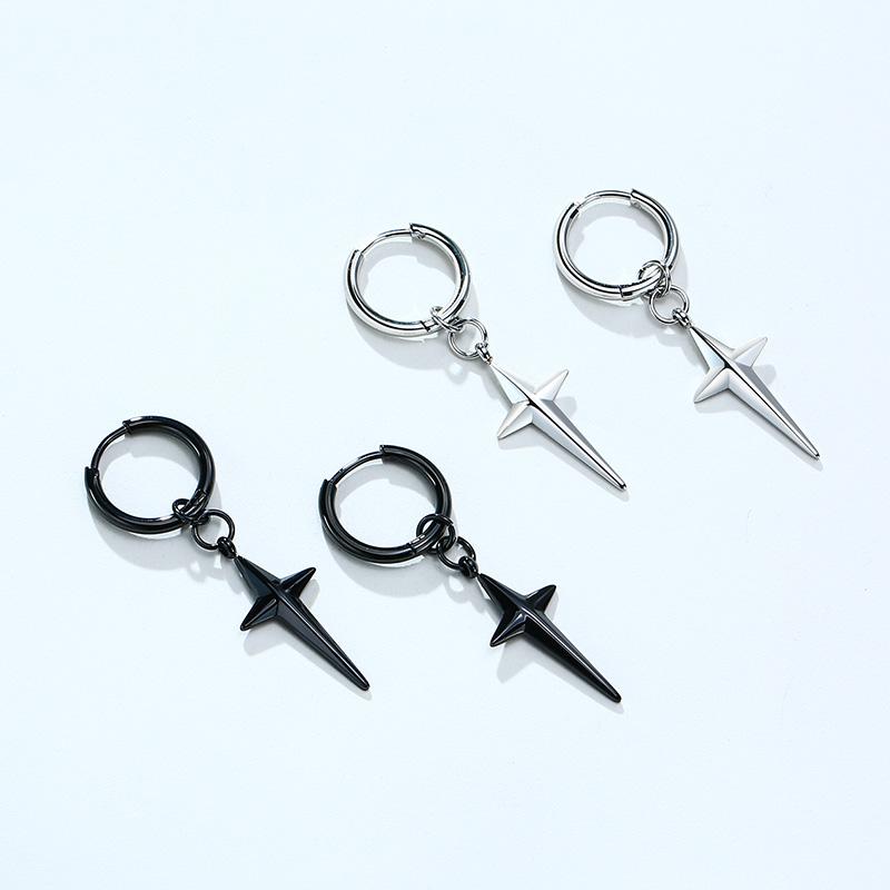 Stainless Steel Four Pointed North Star Huggie Hoops Earrings for Men Piercing or No Piercing Cross Jewelry Gift for Her Him
