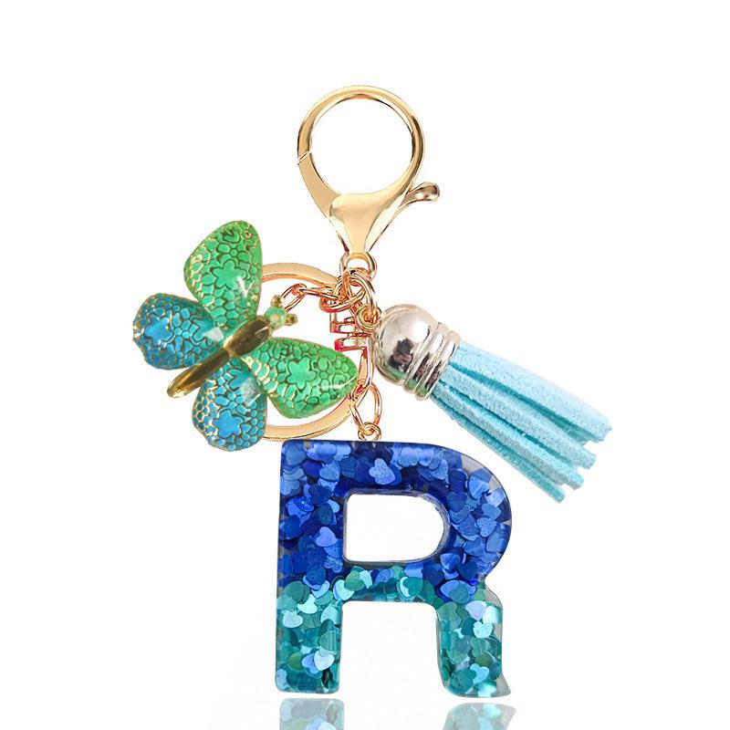 Fashion Blue Glazed Stone A To Z Letter Keychain 26 Initials Alphabet Butterfly Tassel Pendant Car Key Chain Women Jewelry GIfts
