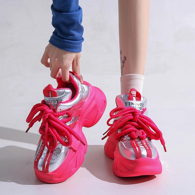 Fashion 8.5CM Autumn Chunky Sneakers for Women 2025 High Platform Sports Patchwork Leather Shoes Woman Lace-up Thick Bottom Dad Shoes