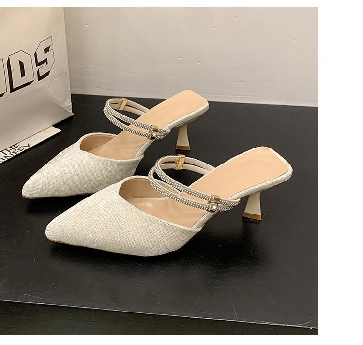 Baotou sandals women's middle heel two wearing slippers summer wear pointed thin heel rhinestone rear empty single shoes women's new models