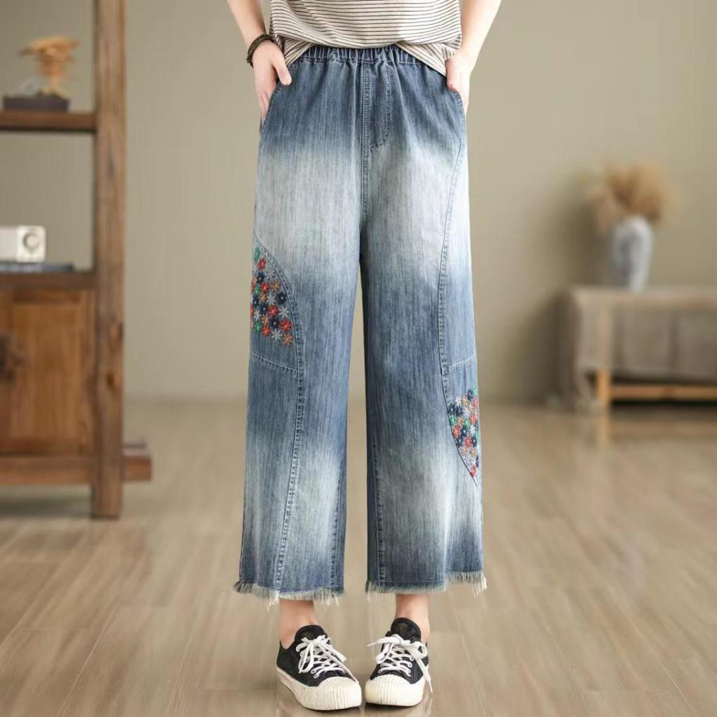 Women's High-Waist Wide-Leg Embroidered Jeans - Loose Fit, Raw Edge, Nine-Point Cotton, Plus Size, Casual Spring/Summer Pants