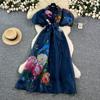Rochie elegantă franceză de vară pentru femei, stil curte, curea în talie, mânecă floare tridimensională, rochie din plasă imprimată