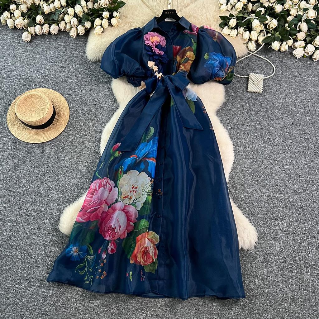 Rochie elegantă franceză de vară pentru femei, stil curte, curea în talie, mânecă floare tridimensională, rochie din plasă imprimată