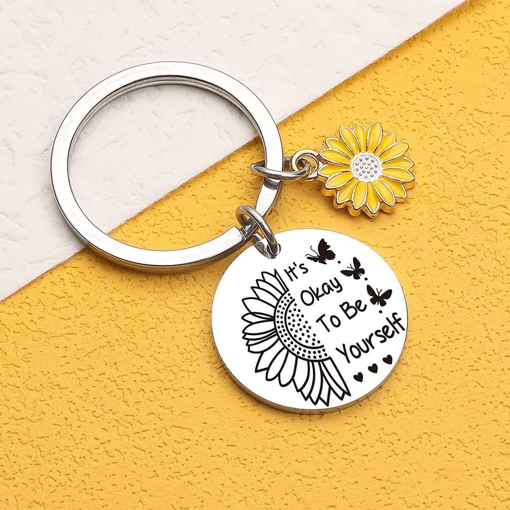Cute Mobile Phone Lanyard Chain Sunflower Pendant Metal Stainless Steel Keychain Encouragement Message Pendant Charm Men Women