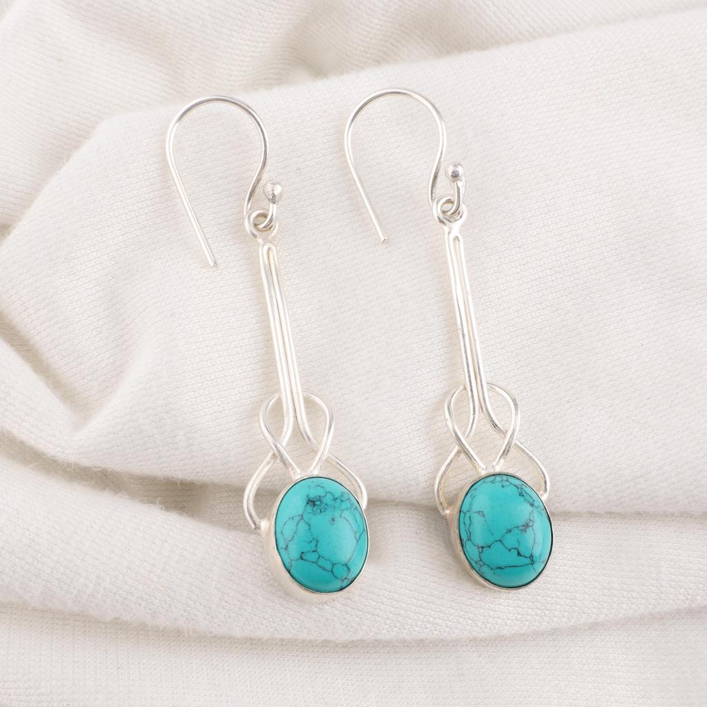 Blau Türkis Handgefertigte Edelstein Ohrringe, 925 Massiv Sterlingsilber Böhmische Schmuckohrringe, Attraktive Silberohrringe Geschenk für Ehefrau