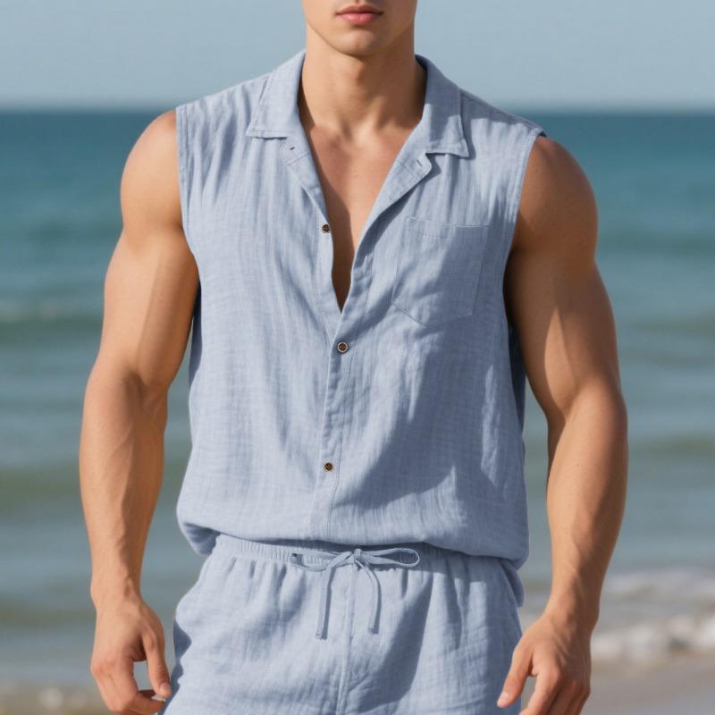 Mens Solid Color Linen Sleeveless Button Down Shirt