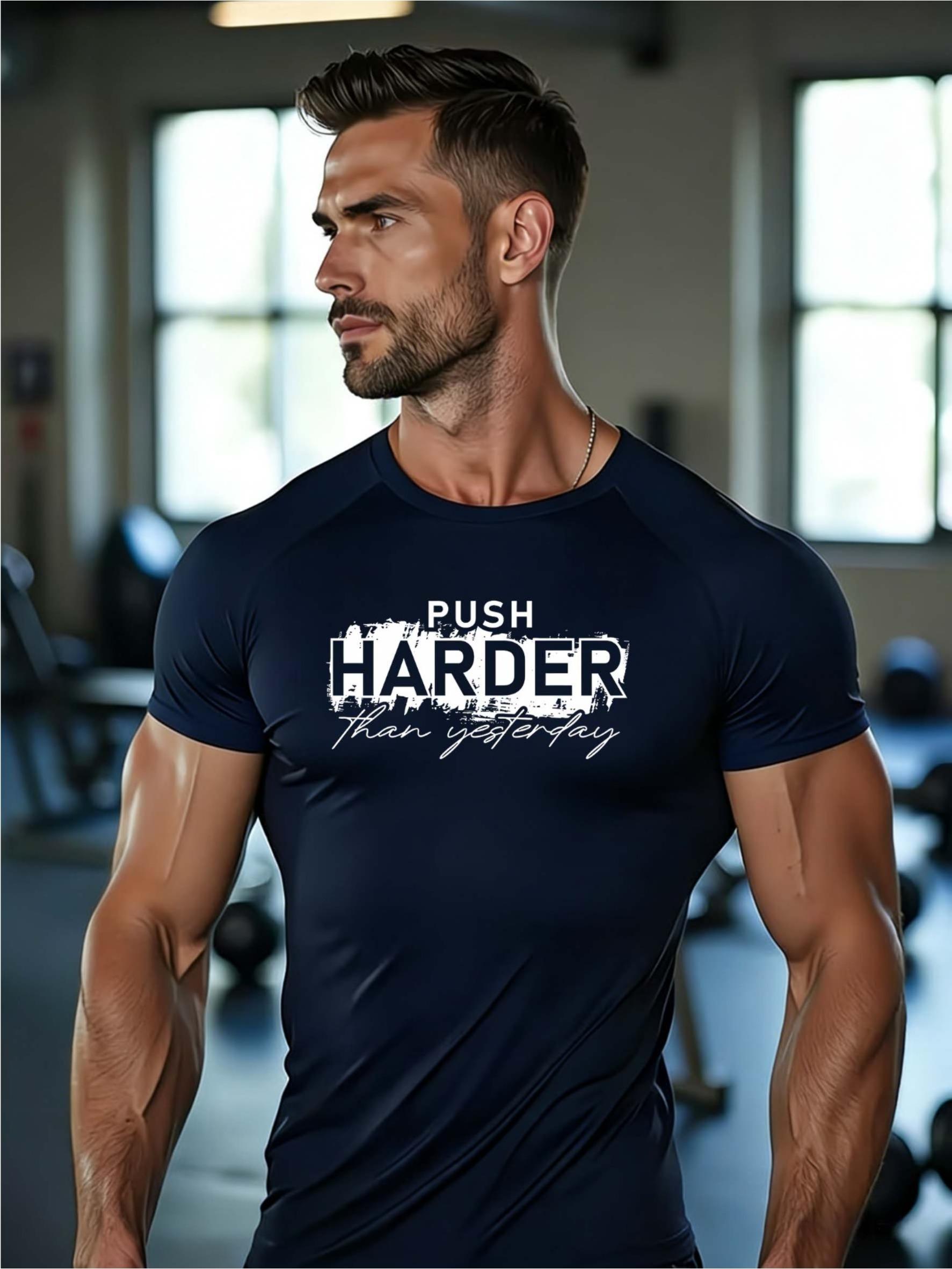 Mens White Compression Short Sleeve T-Shirt Push Harder Motivational Quote Gym Workout And Running Athletic Top S тёмно-синий