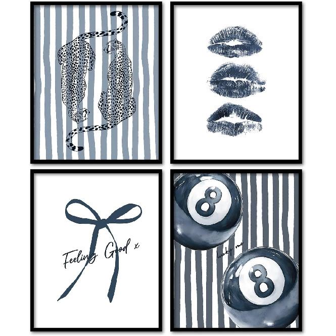 KDHTY Navy Blue Room Wall Decor,Navy Wall Art,Blue Posters for Room Aesthetic,Coquette Preppy Wall Decor Dorm,Leopard Coquette Bow Wall Art Posters blue leopard