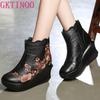 Fashion GKTINOO Embroider Handmade Boots For Women Genuine Leather Ankle Shoes Vintage Platform Women Shoes Round Toes Wedges Boots
