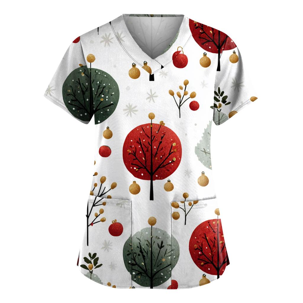 Women's Fashion V-Neck Short-Sleeved Workwear With Pockets Christmas Print Top Caregiver Uniform