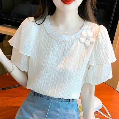 Fashion New 2024 Summer Short Sleeve Beading O-Neck Casual Chiffon Blouse Shirt Women Tops Blouses Shirts J408