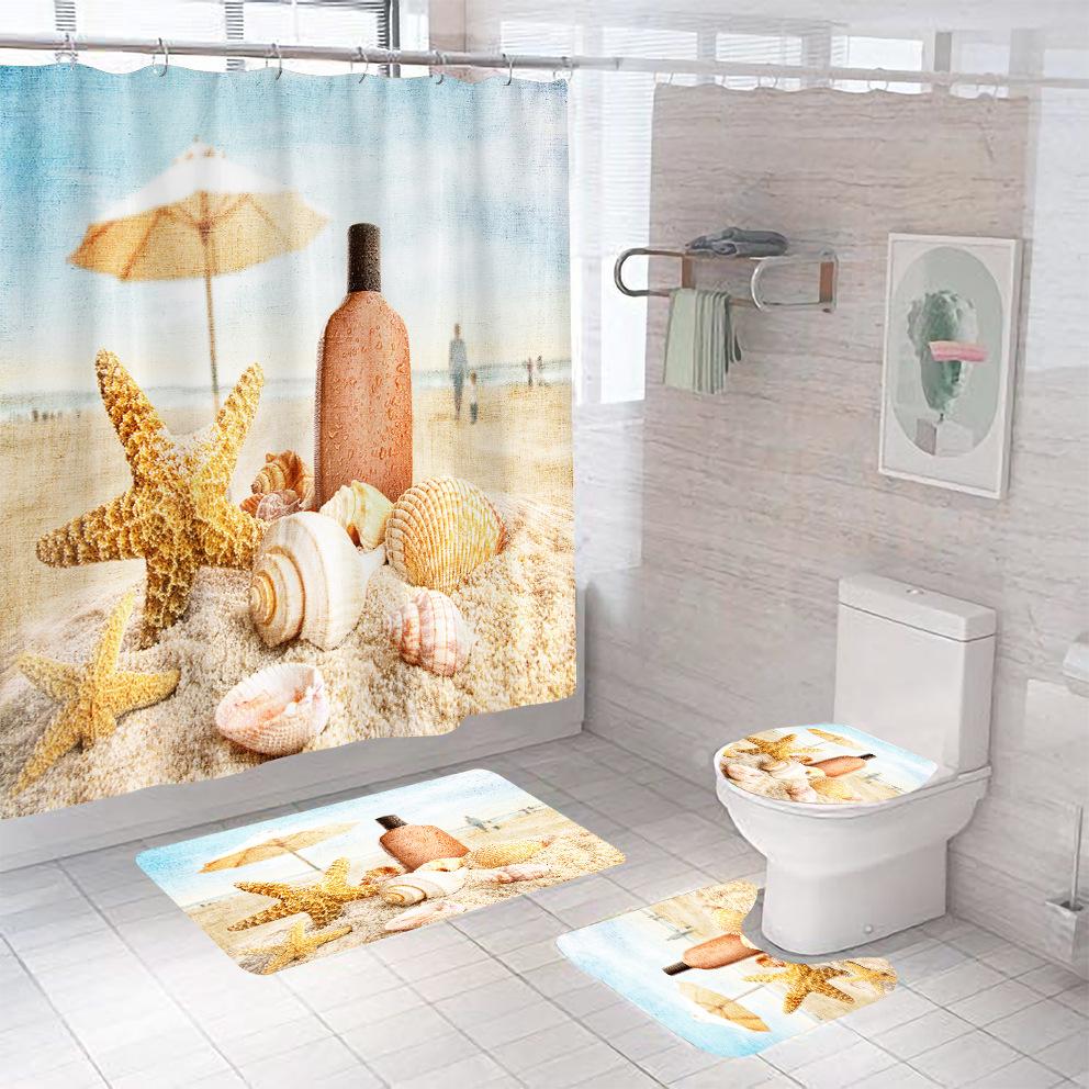 Bathroom Shower Curtain Four-piece Digital Printing Beach Shell Waterproof Shower Curtain Shower Curtain Partition Curtain Bath Mat
