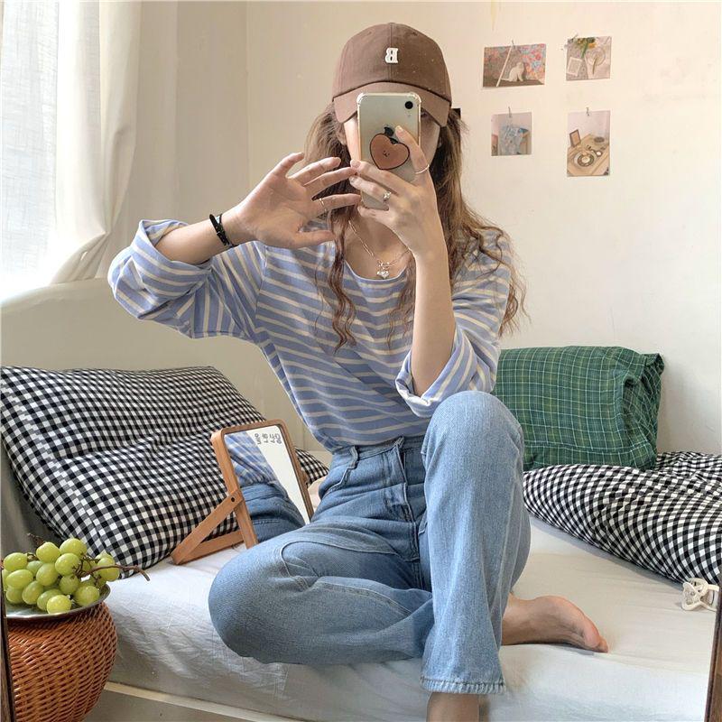 Damen Gestreiftes Langarm-T-Shirt - Herbststil 2025, Rundhalsausschnitt, Lockere Passform, Koreanisch inspiriert, Vielseitiges Basic-Oberteil.