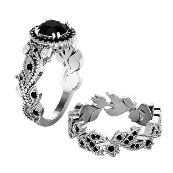 2Pcs/Set Fashion Flower Leaf Rhinestone Women Wedding Ring Jewelry Accessories