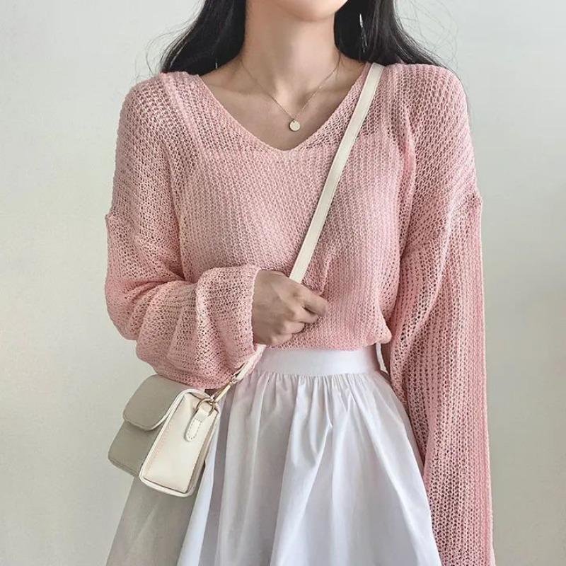 

Шикарные летние тонкие рубашки с длинным рукавом, повседневные рубашки с солнцезащитным кремом, женские модные свободные однотонные трикотажные блузки с V-образным вырезом, топы, элегантные прозрачные сексуальные женские рубашки 26578 One Size розовый