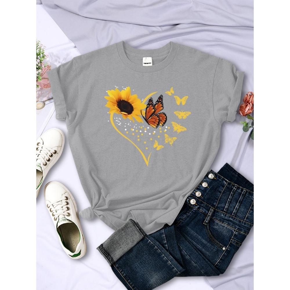 Simple Woman T-Shirts Sunflower Butterflies Heart Prints Short Sleeve Comfortable Soft O-Neck Tops Summer Casual Female Clothes