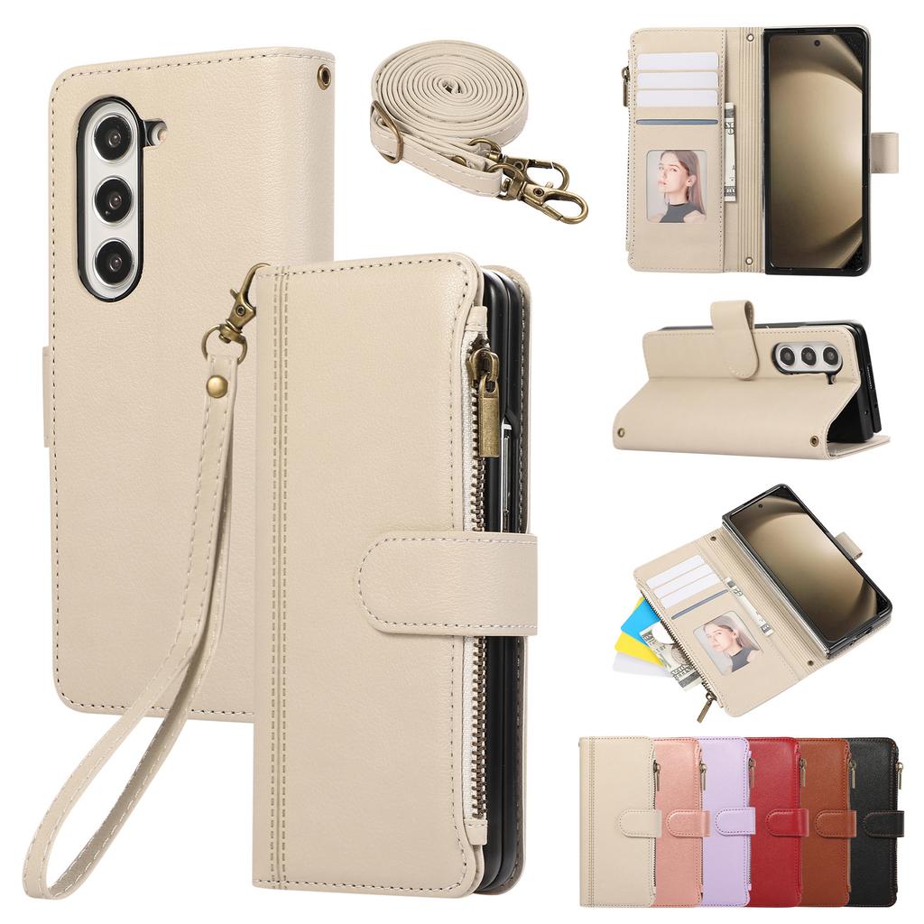 Suitable for Samsung Z Fold7 mobile phone leather case Z Fold4 multi-function zipper wallet card diagonal span portable rope
