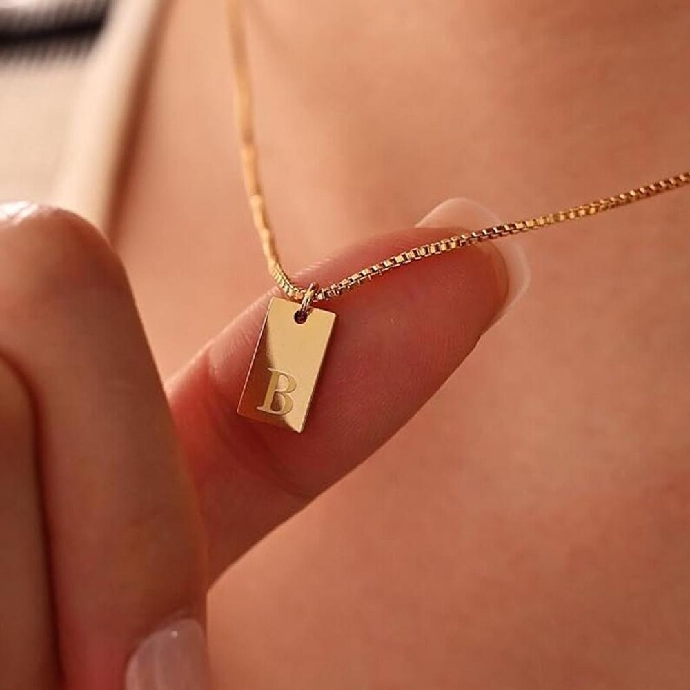 18K Gold Plated Initial Letter Square Pendant Necklace for Women Trendy Stainless Steel Box Chain Necklace Waterproof Jewelry