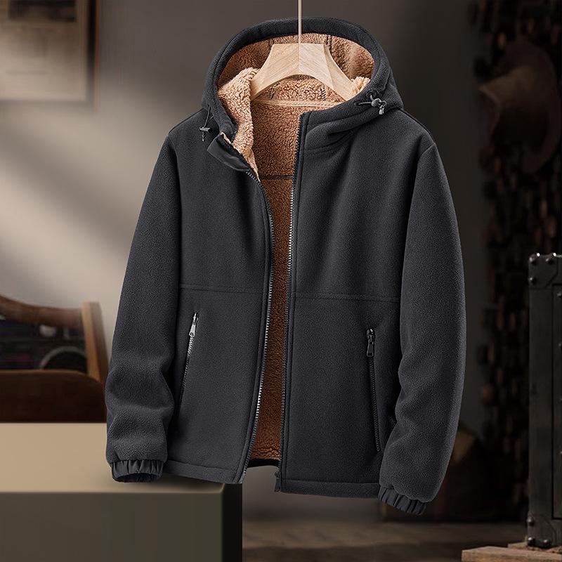 Casual Heavyweight Fleece Hooded Jacket with Lamb Fleece Lining for Autumn and Winter