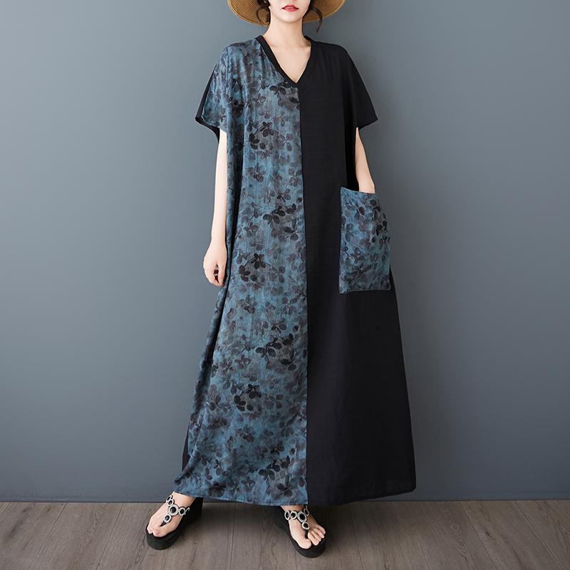 

DIMANAF 2025 Женское летнее длинное платье больших размеров Базовое платье-макси свободного кроя из винтажного льна с цветочным принтом One Size синий