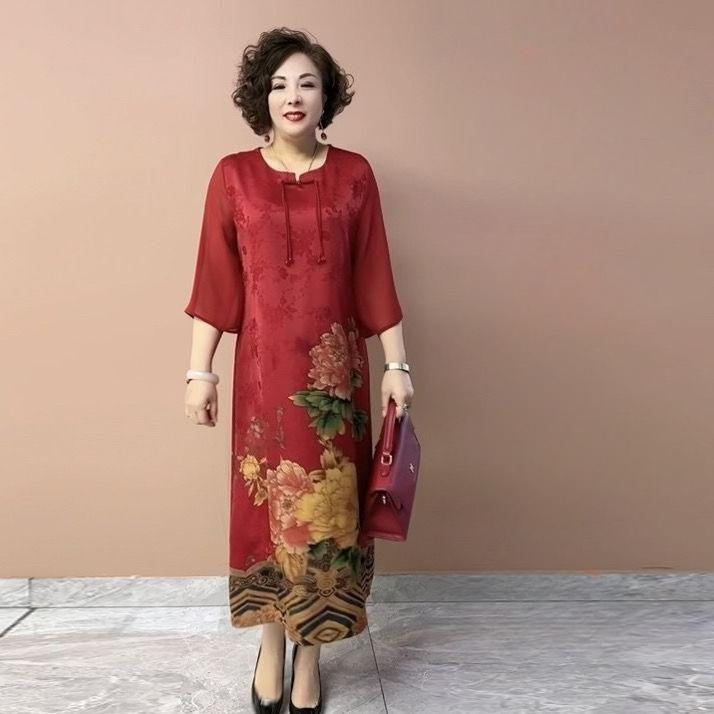 High-end Women's Silk Printed Casual Dress Loose Round-neck Plus-size Dress Summer Straight Long Floral Dress