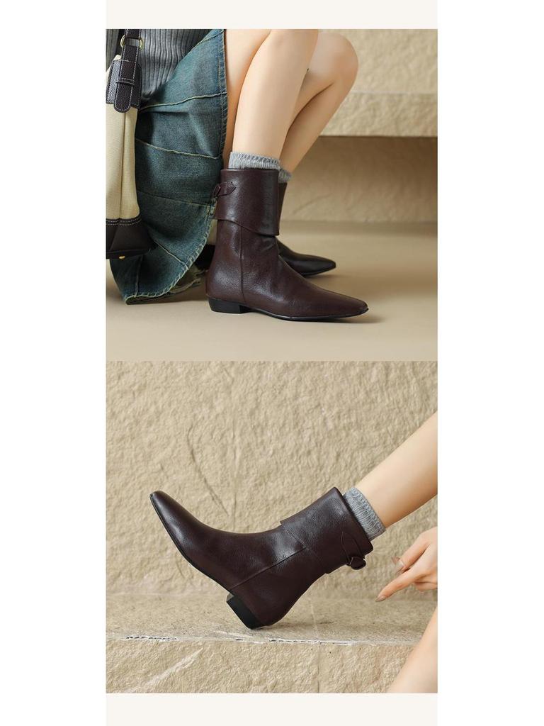 Women's Genuine Sheepskin Ankle Boots, Flat Low Heel, Soft Leather, with Fleece, Suitable for Autumn/Winter