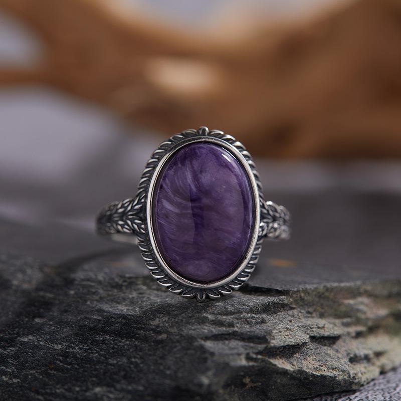 S925 Sterling Silver Inlaid With Natural Purple Dragon Crystal Malachite Colored Treasure Ring Women'S Retro Silver Pattern Light Luxury