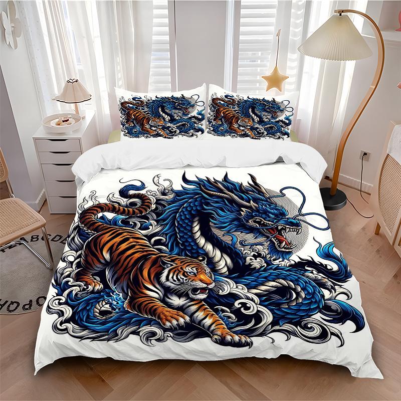 3pcs Blue Dragon Vs Tiger Bedding Set - Includes Quilt Cover and Pillowcases, Suitable for All Seasons, Machine Washable - Ideal Gift for Family