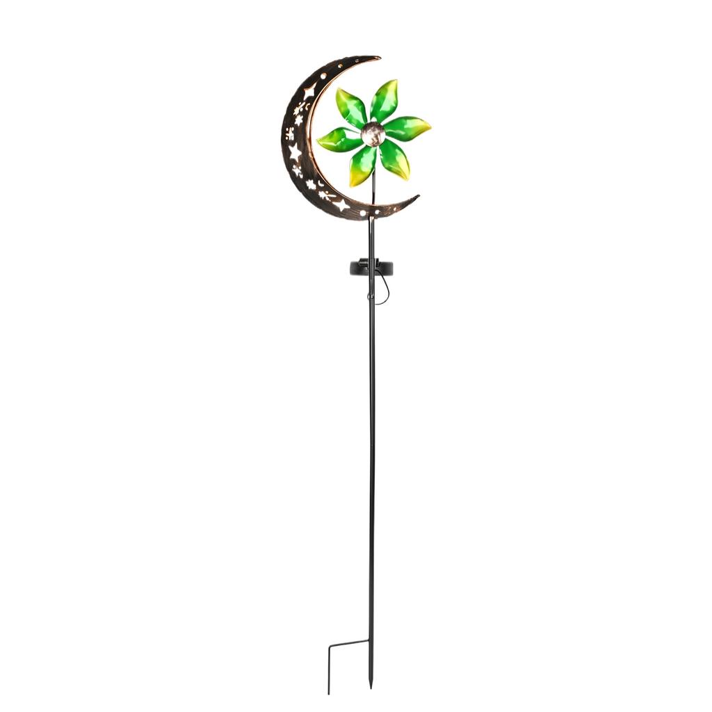 Solar Powered Moon and Pinwheel Garden Stake Light with Metal Construction and Decorative Cutout Design for Outdoor Yard Pathway Lawn Landscape
