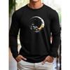 Men's Long Sleeved Round Neck Loose Landing Moon Print Spring and Autumn Casual Versatile T-shirt Top