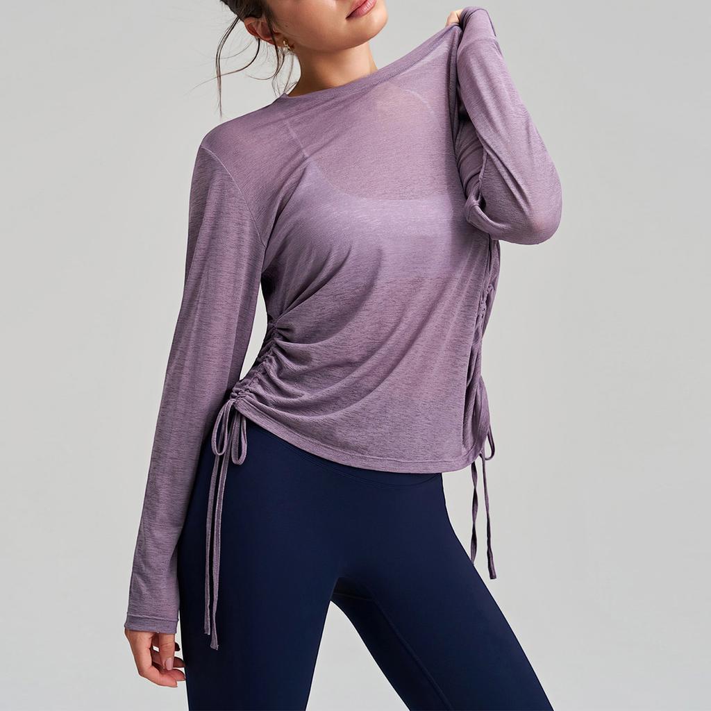 Women's Loose,Fit Breathable Side Drawstring Long,Sleeve Cover,Up Yoga Top