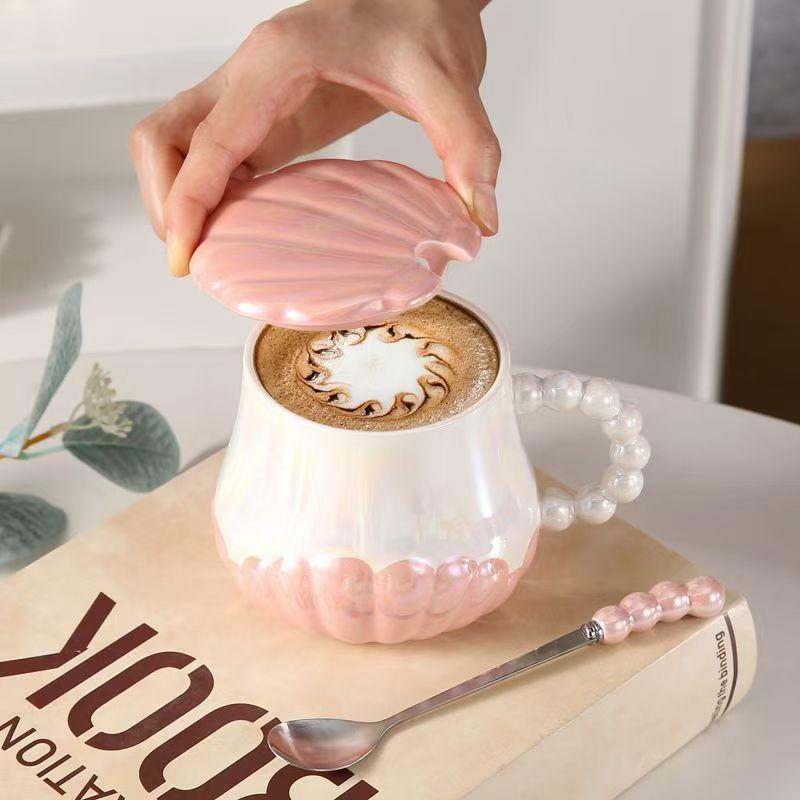 400ml Colorful Pearl Ceramic Mug with Cover and Spoon High Appearance Level for Home Breakfast Milk Tea Cup Coffe Cups