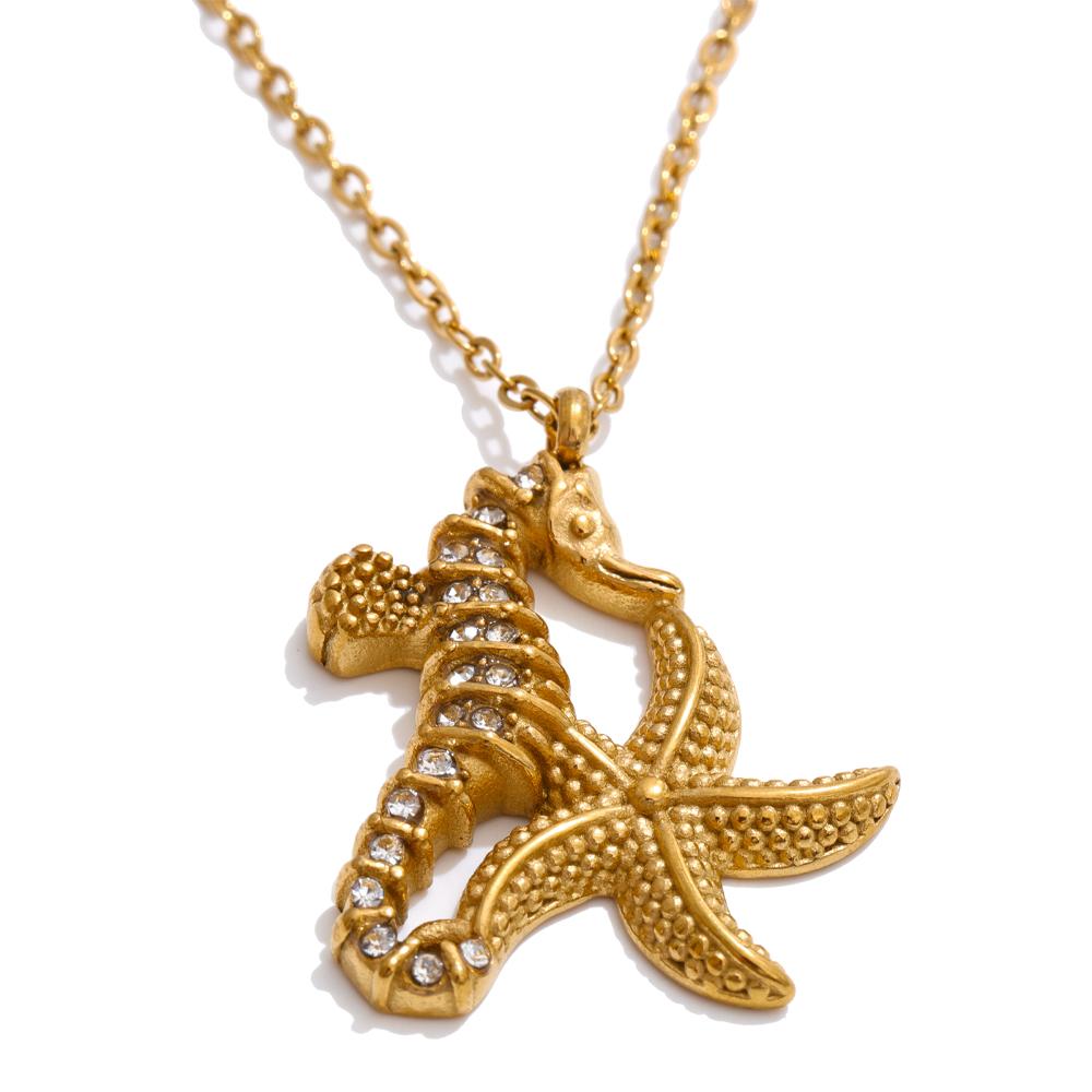 

Yhpup Ocean Style Zirconia Starfish Seahorse Pendant Necklace Earrings Summer Golden PVD Trendy Charm Set Jewelry Wholesale