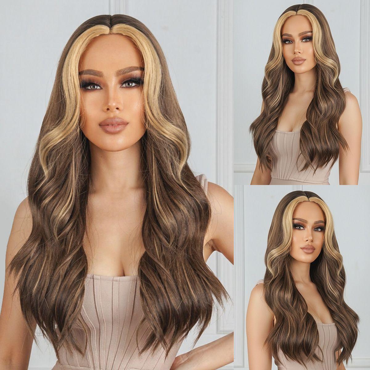 Long Curly Wig with Large Waves, Highlights, and Ombré Color – Fashionable Synthetic Full-Head Wig for Women TL003