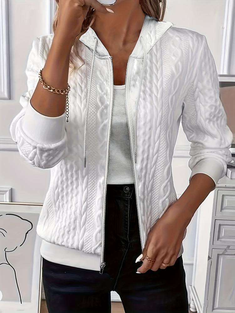Women's Casual Hooded Zip-Up Jacket - Long Sleeve Coat with Elastic Cuffs & Drawstring Hood, Solid Color Fall/Winter Outerwear