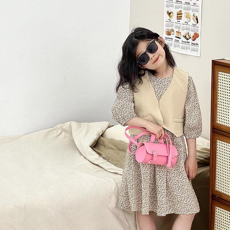 Stylish Korean Children's Bag For Girls Fashionable Cylinder Tote Purse In Bright Colors