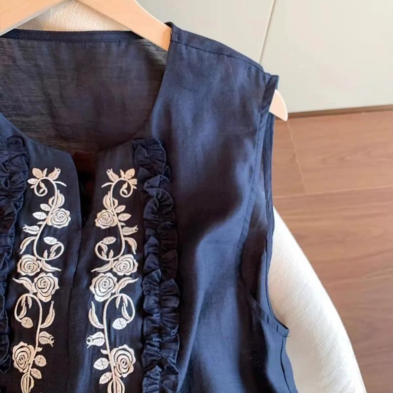 Women Linen Cotton Embroidery Sleeveless Blouse Ruffle Trim Casual Tank Top