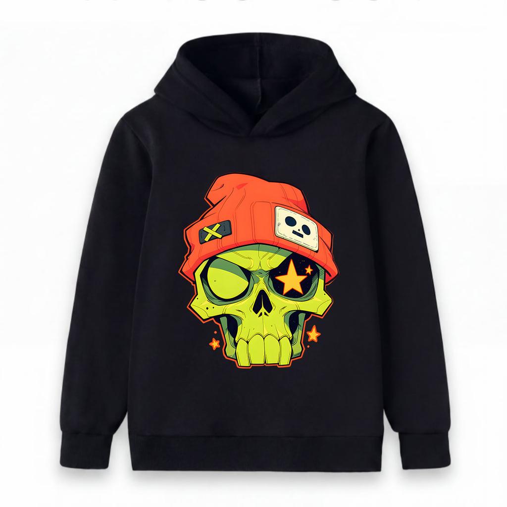 Kids Boys Girls Cozy Pullover Hoodie, Cool Cartoon Green Skull With Orange Beanie Star Graphic Casual Long Sleeve Hooded Sweatshirt For Streetwear