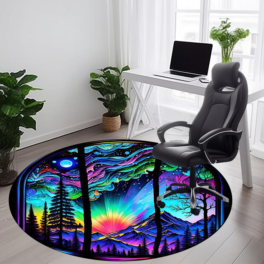 1PC StainedGlass Landscape Office Round Area Rug, Mat Suitable ForOffice, Under Office Chairs Bedroom Living Room Home Decor, Room Deco
