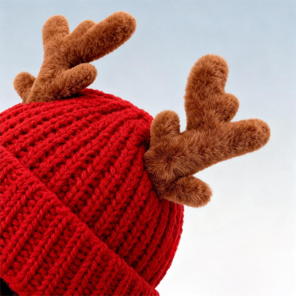 NUOLUX Women's Reindeer Antler Knit Hat, Warm Winter Hat, Christmas Hat, 56-62cm, Red