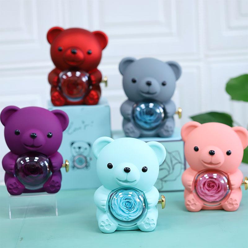Eternal Rose Teddy Bear Necklace Ring Gifts Box Rotate Rose Jewelry Box Valentine Wedding Storage Gift Case for Women Girlfriend