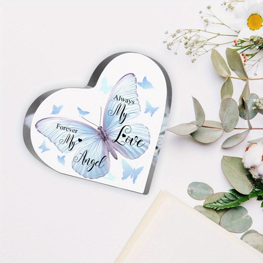 1pc Heart-Shaped Acrylic Memorial Plaque - 'Forever My Love, Forever My Angel' Bereavement Sympathy Gift with Blue and White Butterfly Design