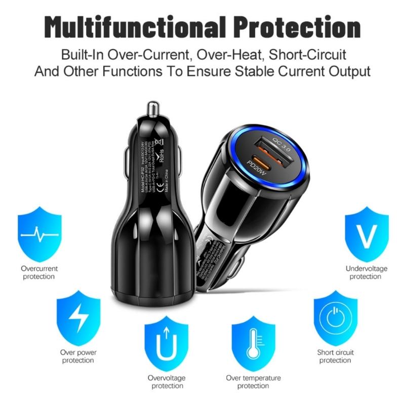 2 in 1 USB Car Charger Adapter Multiple USB Splitter with QC3.0 PD20W Fast Car Charger for Mobile Phone Laptop Car